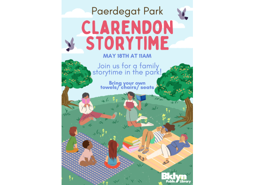 flyer depicting a family storytime in the park with children and adults listening to a reader