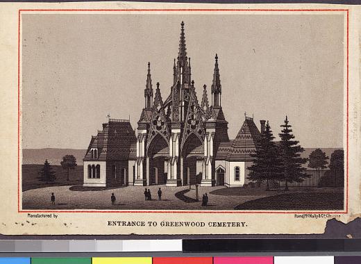 Postcard featuring the entrance of Green-Wood Cemetery from the Brooklyn Postcard collection.