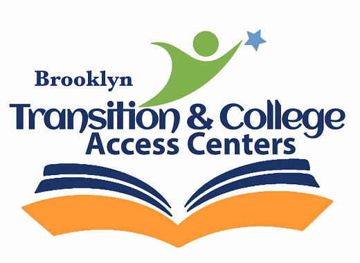 The logo of the Brooklyn Transition & College Access Centers includes their name in dark blue text and stylized images of a person and an open book